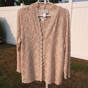 Susan Graver Lace Open Cardigan And Tank Set in Cream